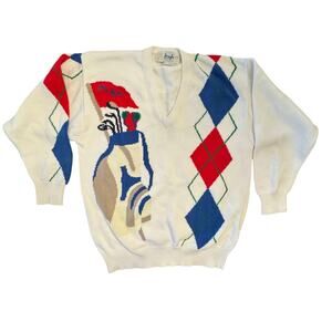 Pringle Cream Golf Motif Argyle Crewneck Sweater with Red & Blue Accents